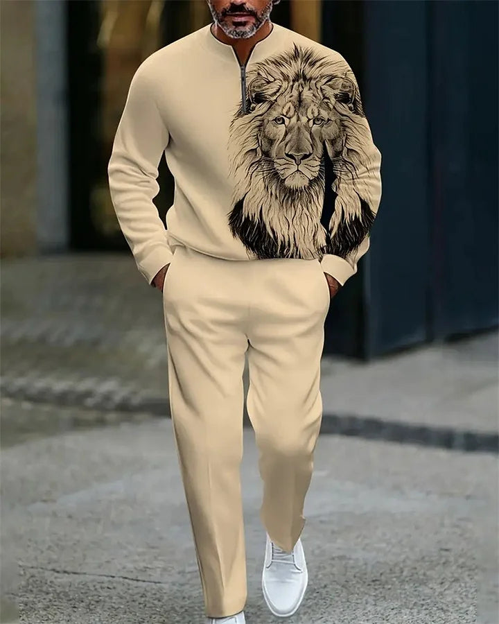 Men's Casual Color Matching Printed Round-Neck Zipper Long Sleeved Trousers Two-Piece Set