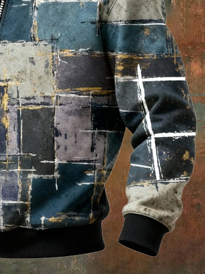 Men's Retro Color Block Print Casual Fur Collar Sweatshirt