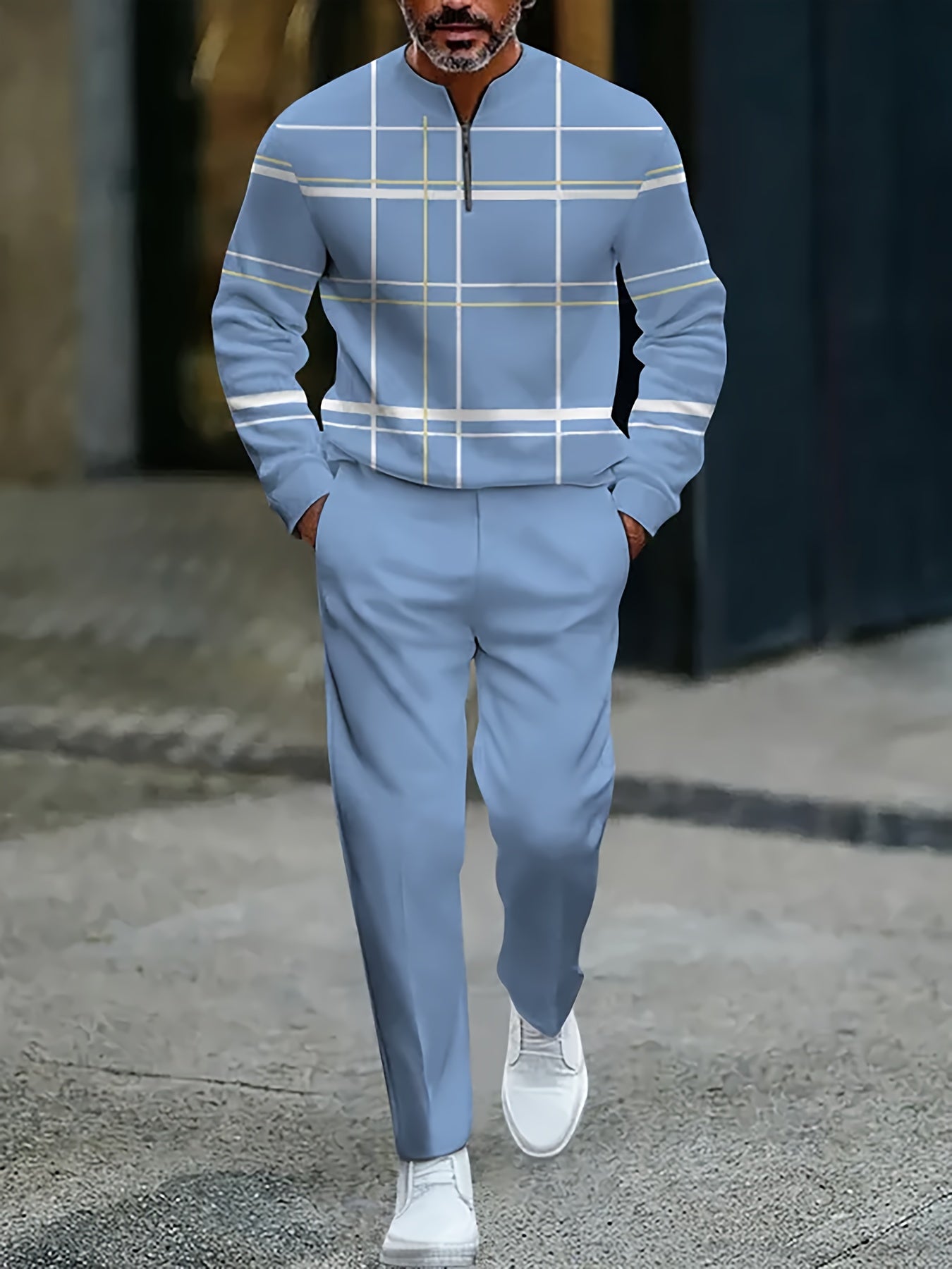 Men's Casual Color Matching Printed Round-Neck Zipper Long Sleeved Trousers Two-Piece Set