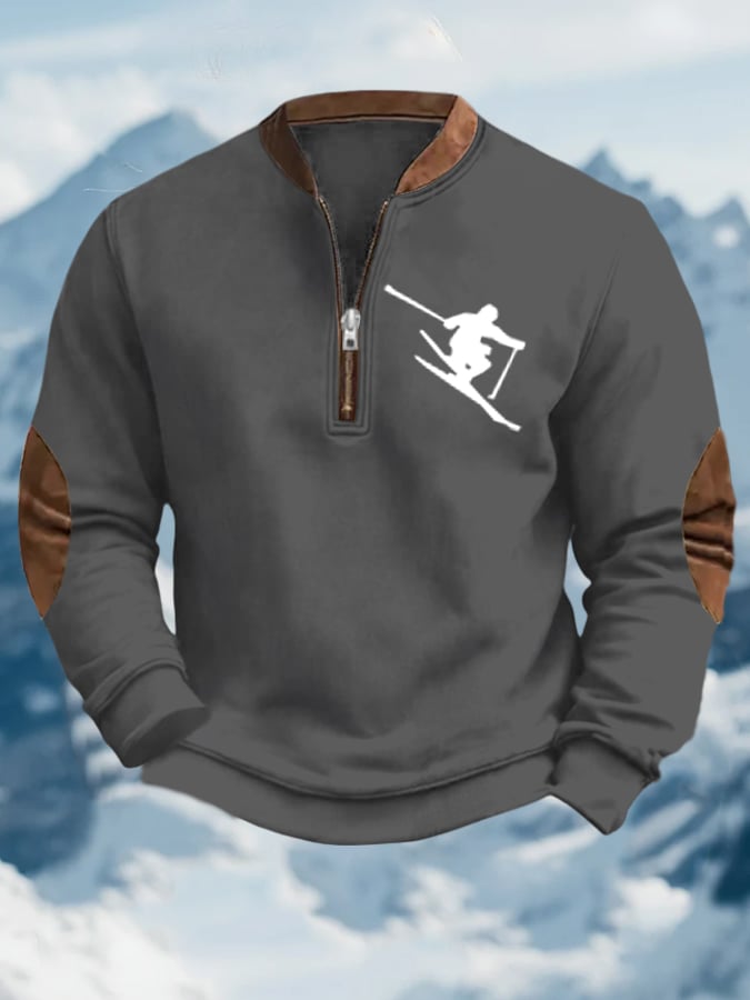 Men's Vintage Apres-Ski Design Printed Zip Collar Sweatshirt