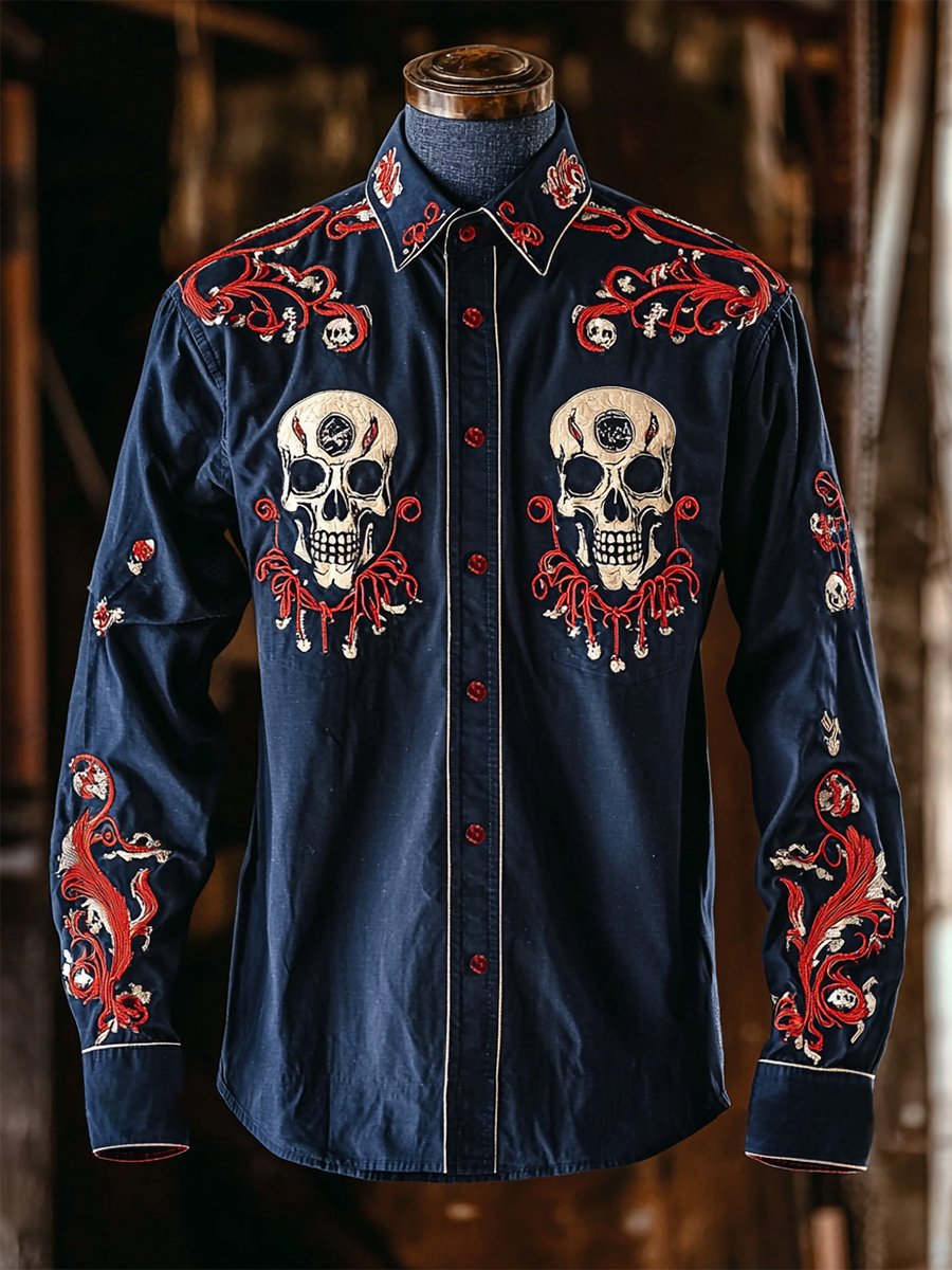 Men's Retro Casual Skull Print Long Sleeve Shirt