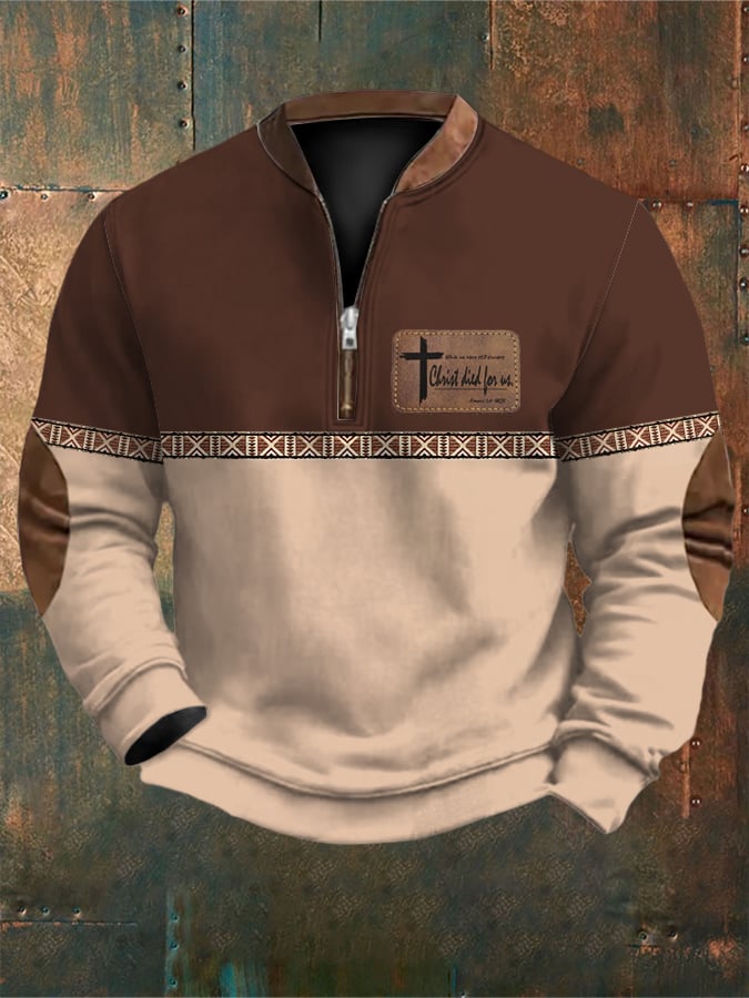 Men's Retro Western Faith Print Zip-Neck Sweatshirt