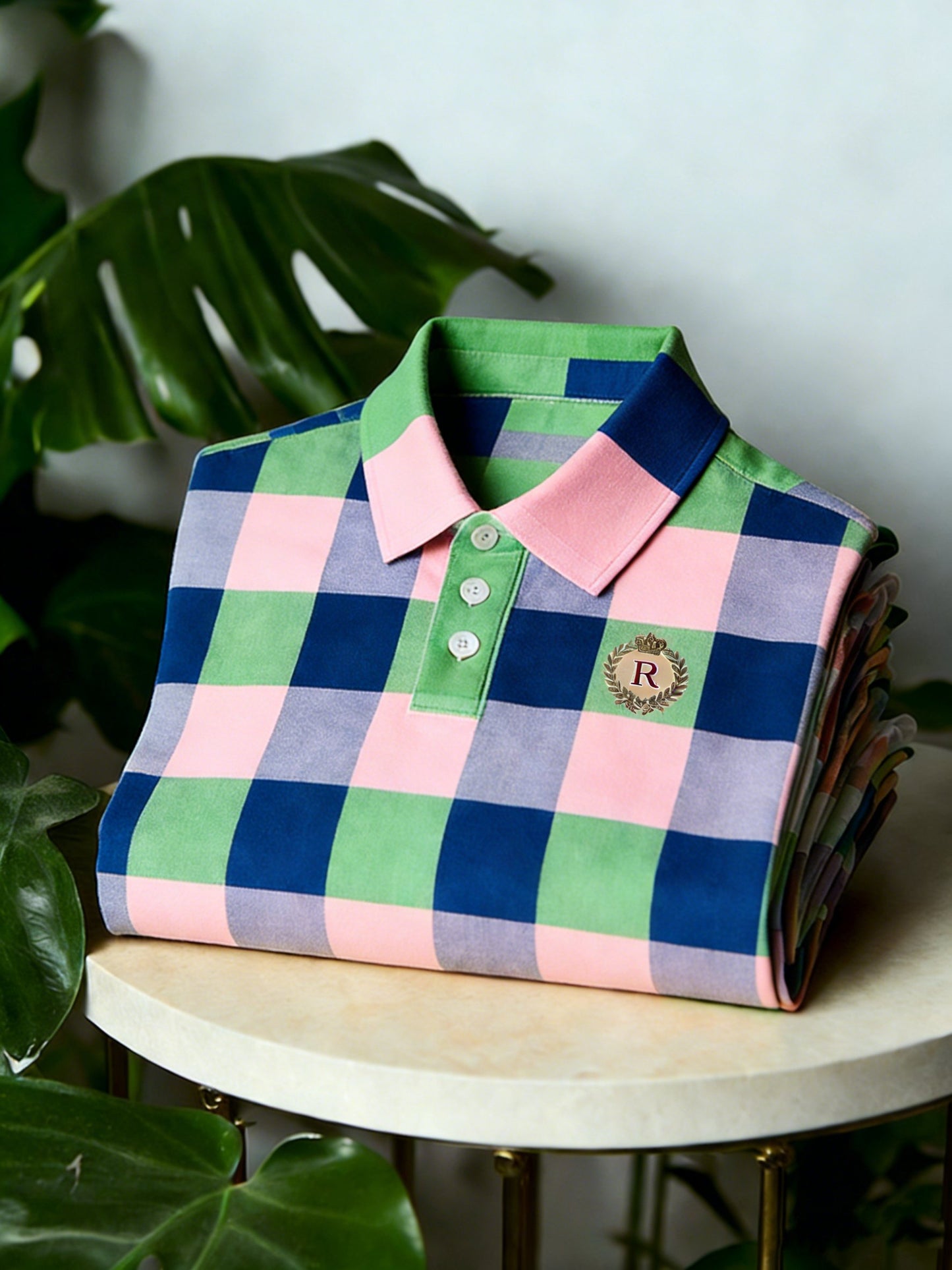 Men's Business Casual Button Short Sleeve Classic Plaid Polo Shirt