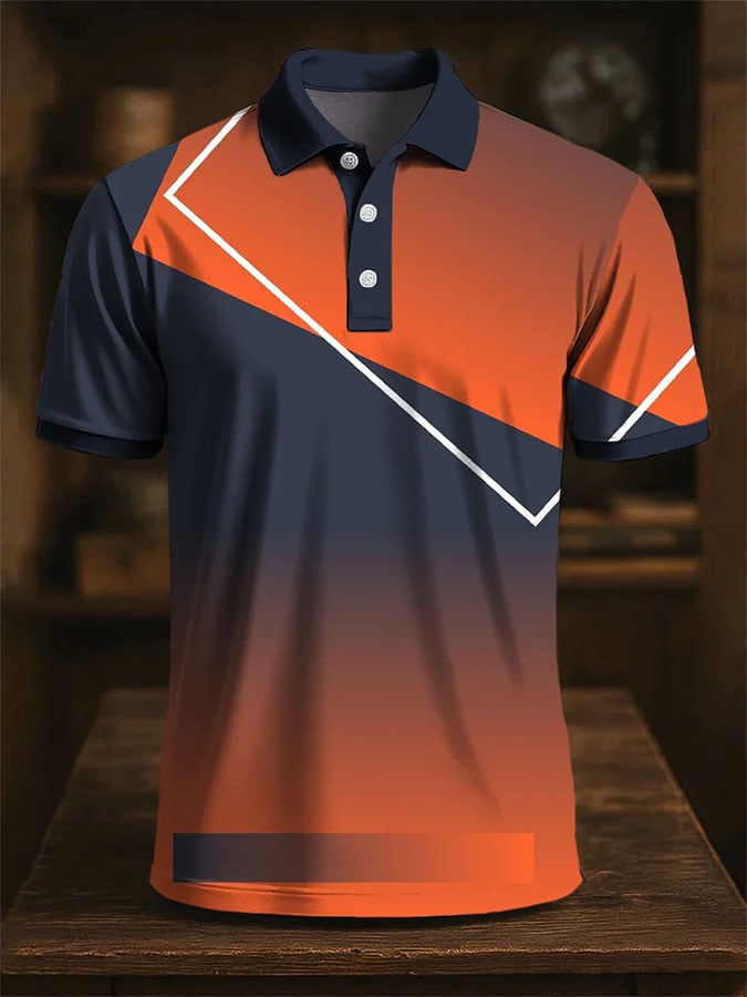 Men'S Casual Color Block Print Polo Shirt Short Sleeve