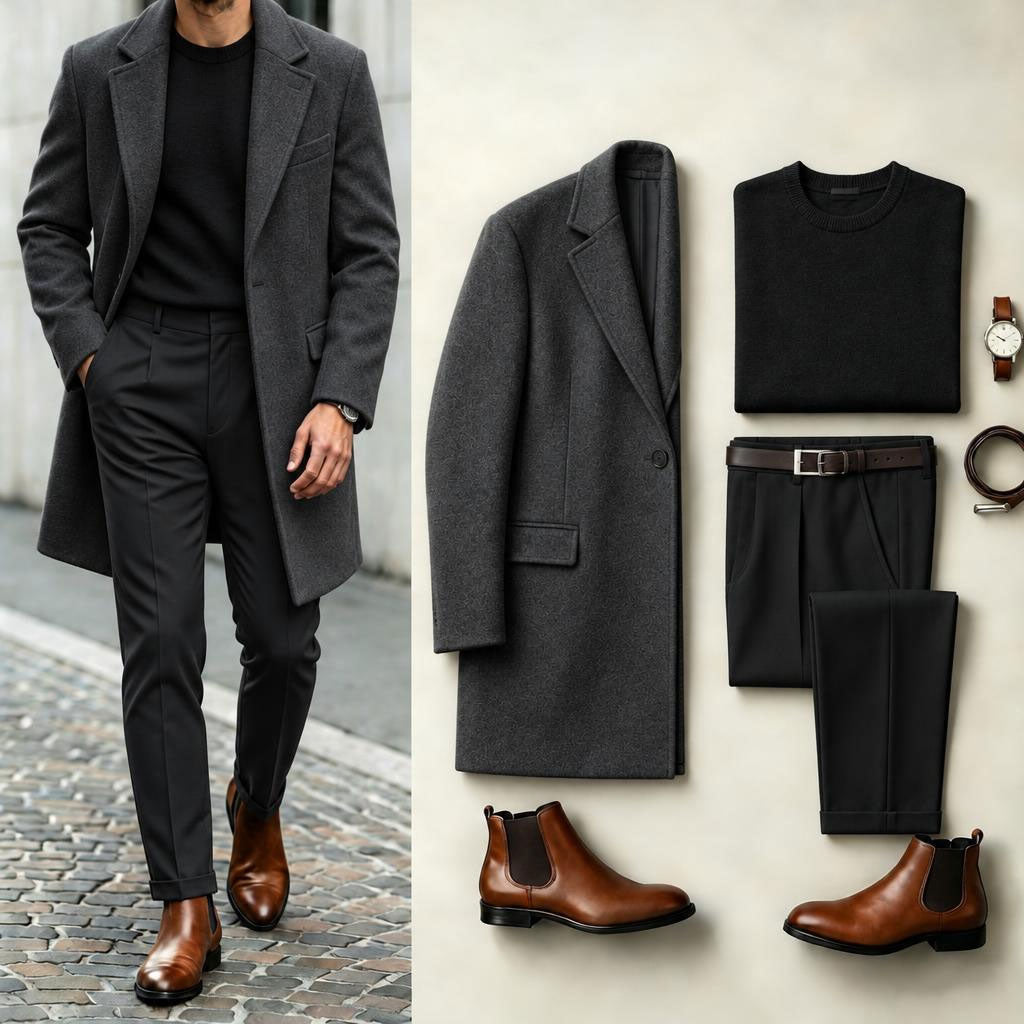 Men's Two-Tone Suit Set: Dark Gray Coat, Black Knit Sweater, and Black Dress Pants