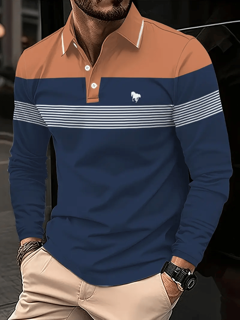 Men's Retro Business Stripe Print Long Sleeve Polo Shirt
