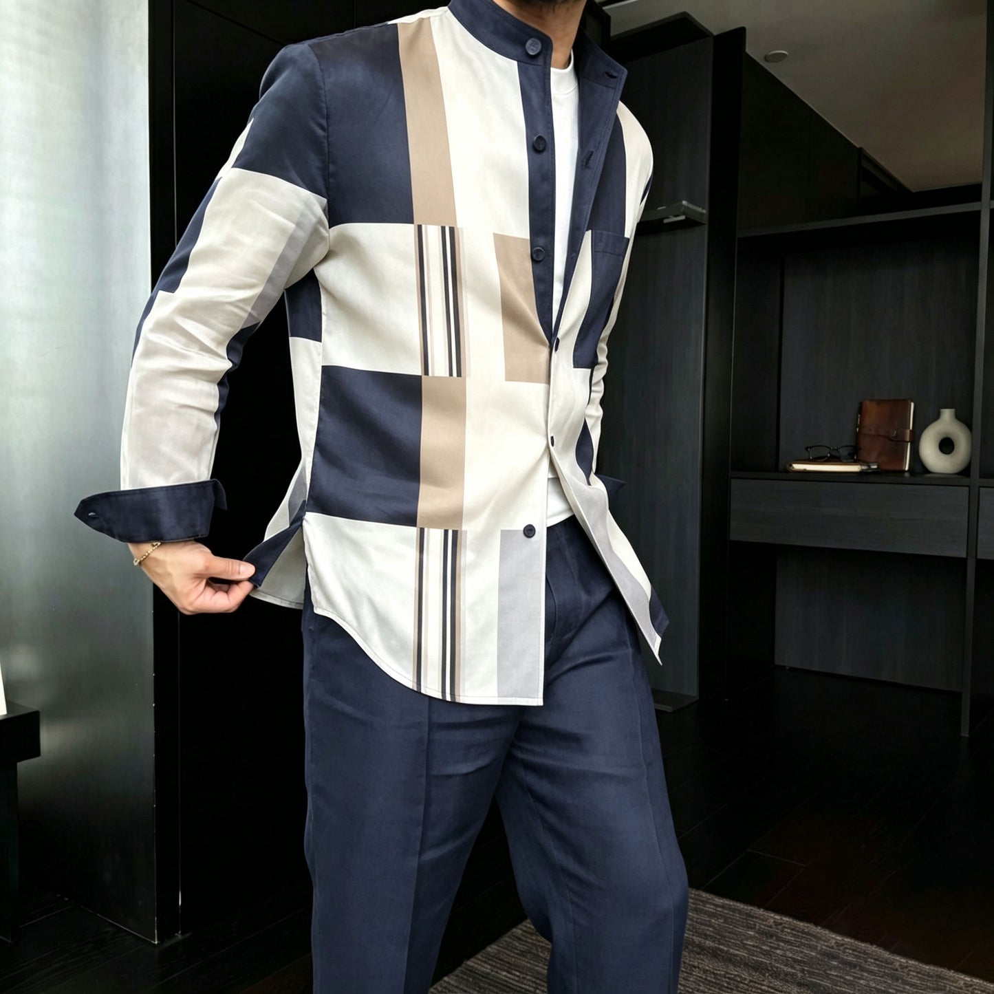 Men's Casual Checkered Print Stand-Collar Long-Sleeve Shirt and Pants Two-Piece Set