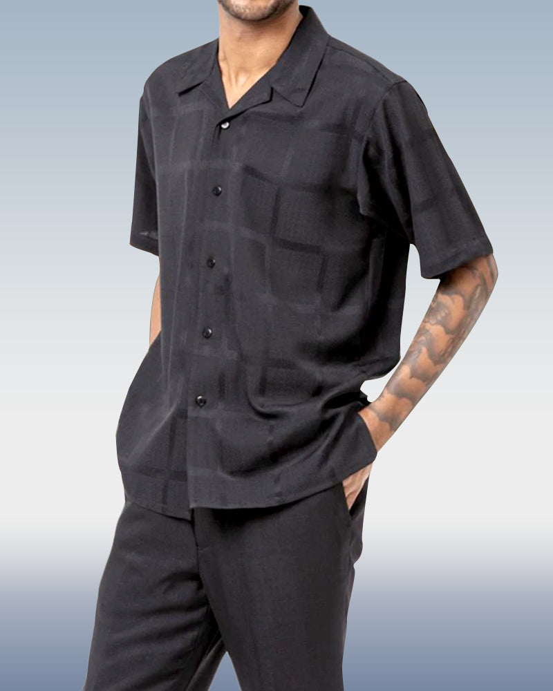 Black Tone On Tone Walking Suit 2 Piece Short Sleeve Set