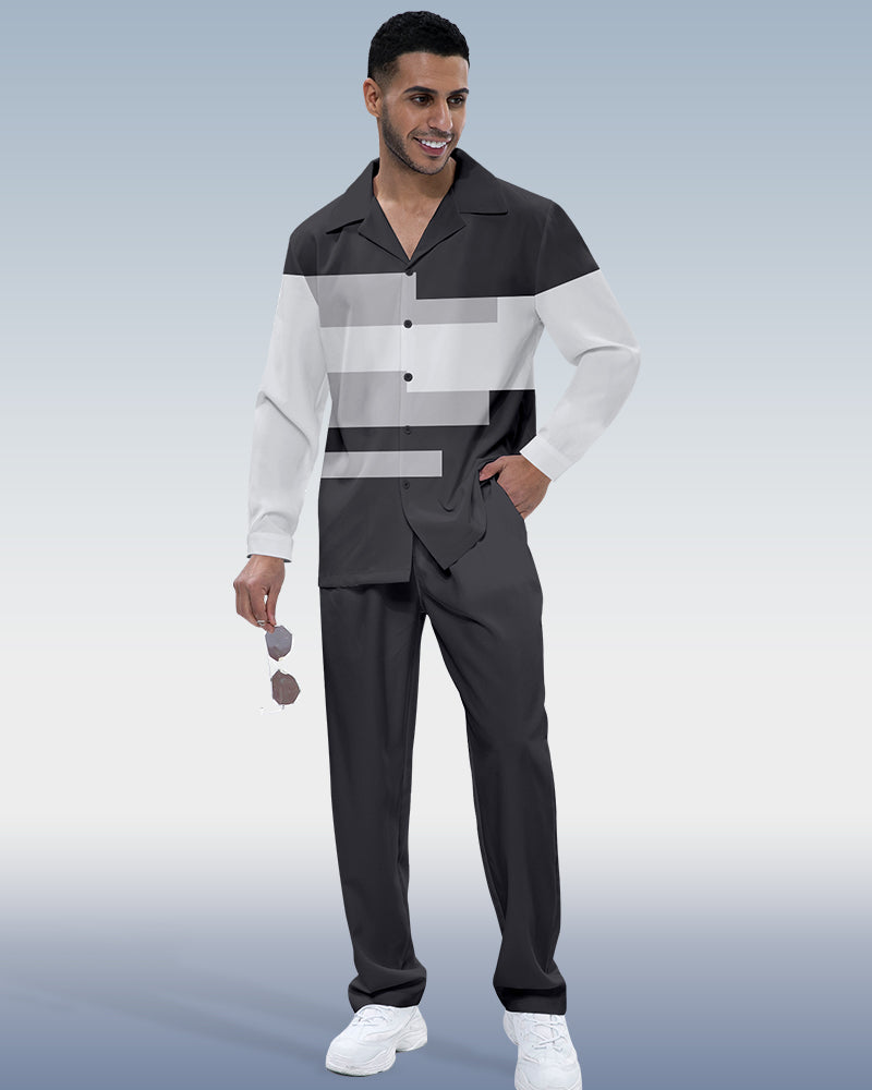Men's Color Block Printed Long Sleeve Shirt Walking Suit 442