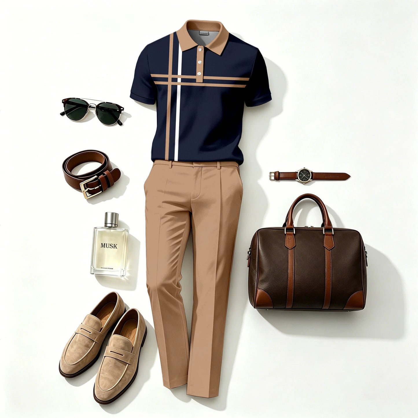 Men's Casual Horizontal and Vertical Cross-Patterned Short-Sleeve Polo Shirt and Long Pants Two-Piece Set (Does Not Include Accessories Such As Watches Or Glasses)