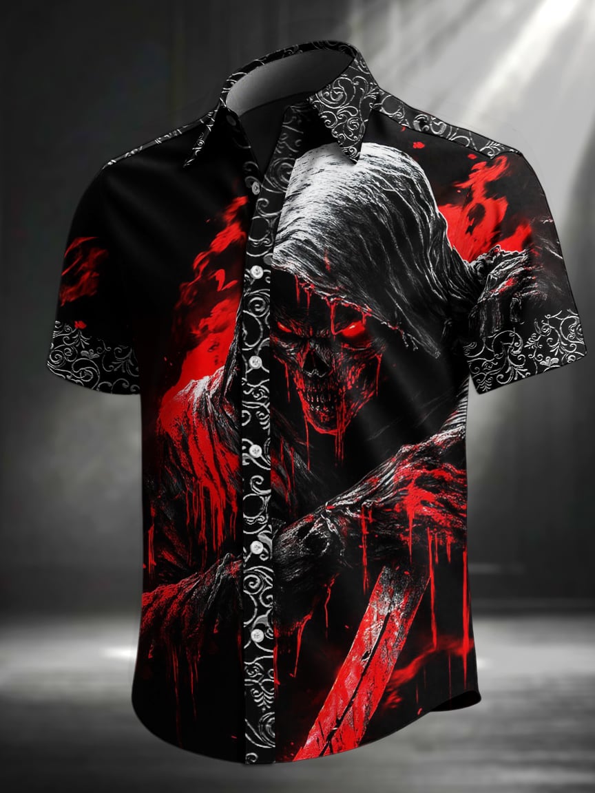 Men's Retro Skull Print Lapel Short Sleeve Shirt