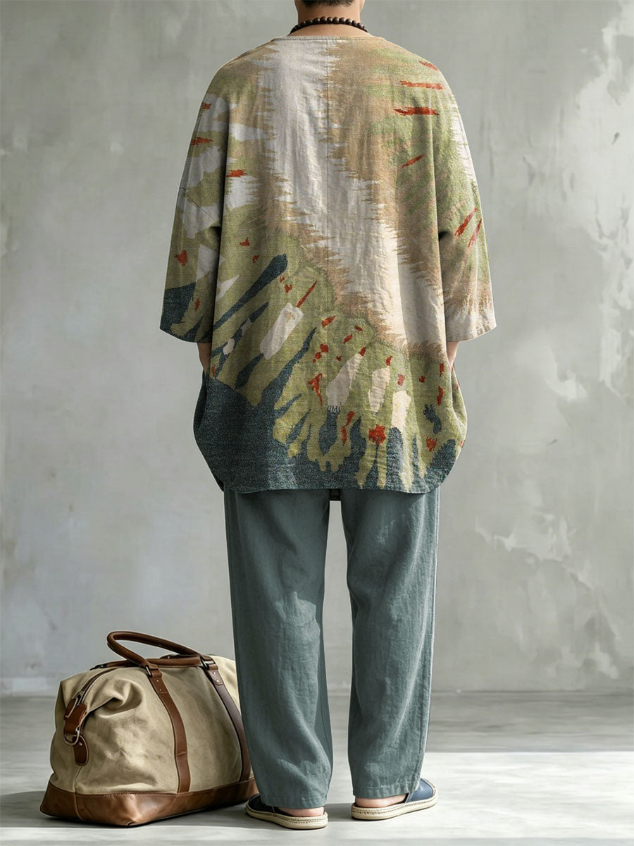 Men's Abstract Color Print Casual Round Neck Short-sleeve Linen Top Shorts Two-piece