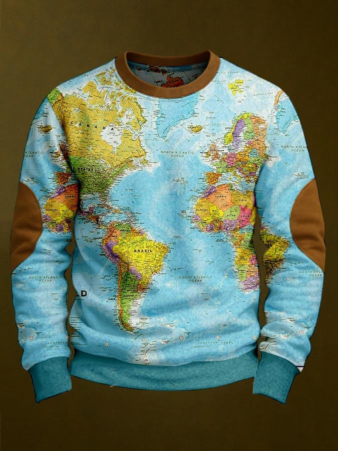 Men's Vintage Western Hemisphere Map Print Sweatshirt