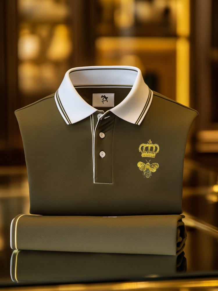 Men's Classic Business Check Logo Button Short Sleeve Polo Shirt
