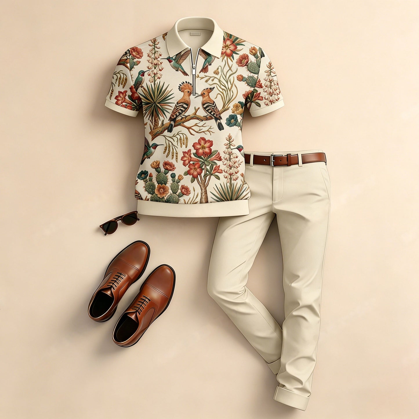 Men's Casual Color-Blocked Floral And Bird Print Short-Sleeve Polo Shirt And Pants Two-Piece Set