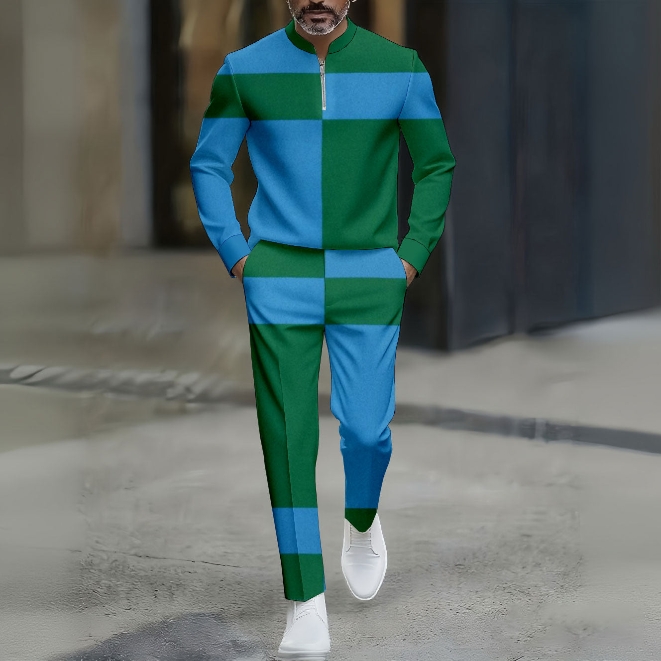 Men's Casual Color Block Print Polo Collar Zipper Long Sleeve Pants Two-Piece Set