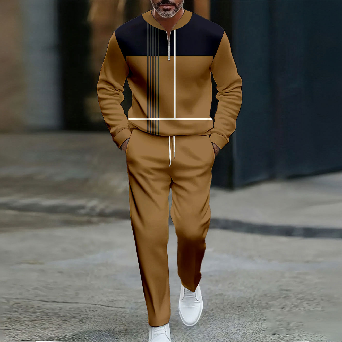 Men's Casual Color Matching Printed Round-Neck Zipper Long Sleeved Trousers Two-Piece Set