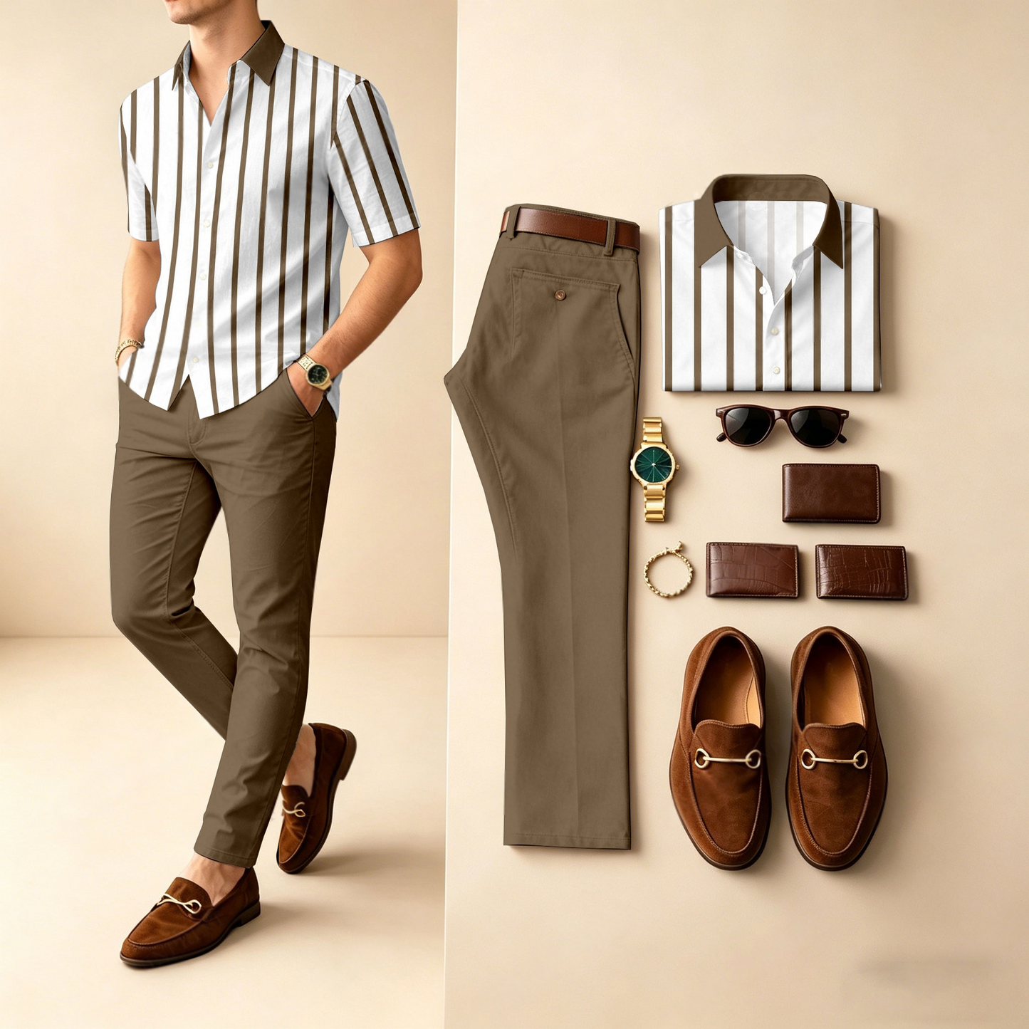 Men's Casual Khaki Stripes Printed Polo Shirt And Pants Two-Piece Set