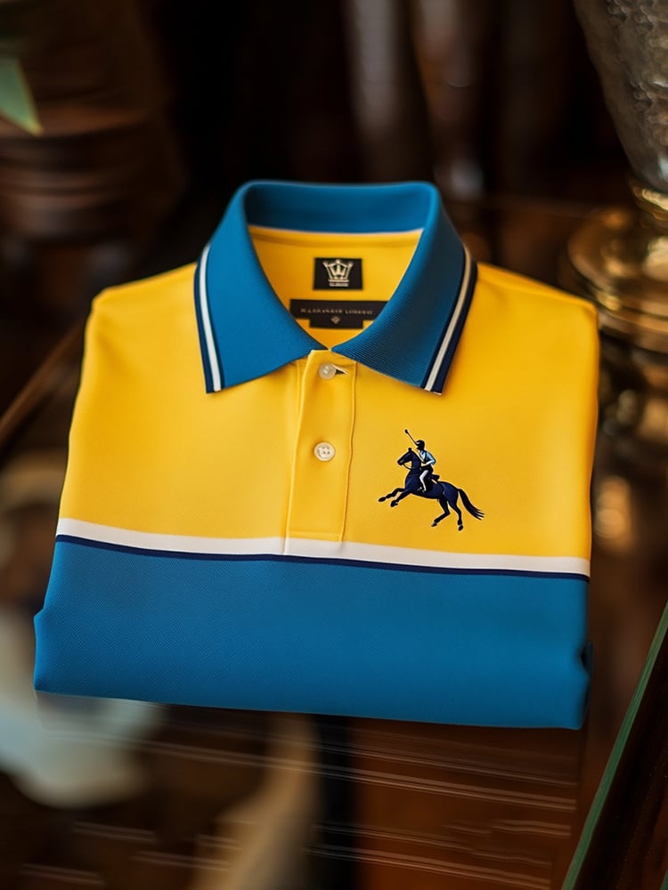 Men's Classic Business Check Logo Button Short Sleeve Polo Shirt