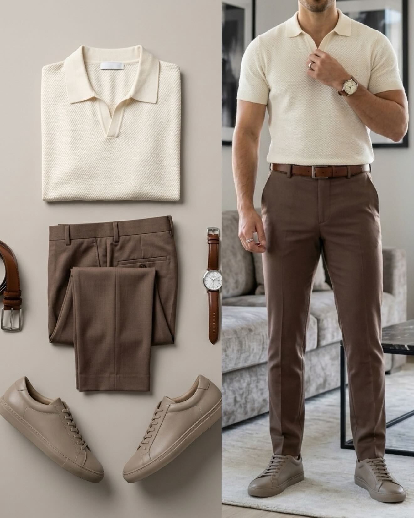 Men's Business Apricot Color Polo Short Sleeves Shirt & Pants Two Piece Set