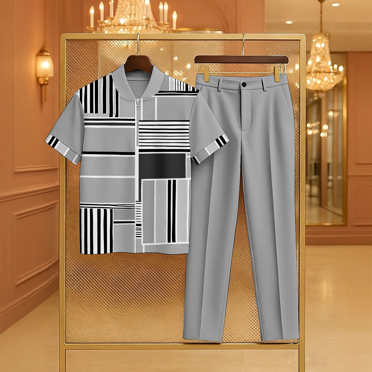 Men's Casual Light Gray Color Matching Geometric Printed Zipper Short Sleeved Polo Shirt & Trousers Two-Piece Set
