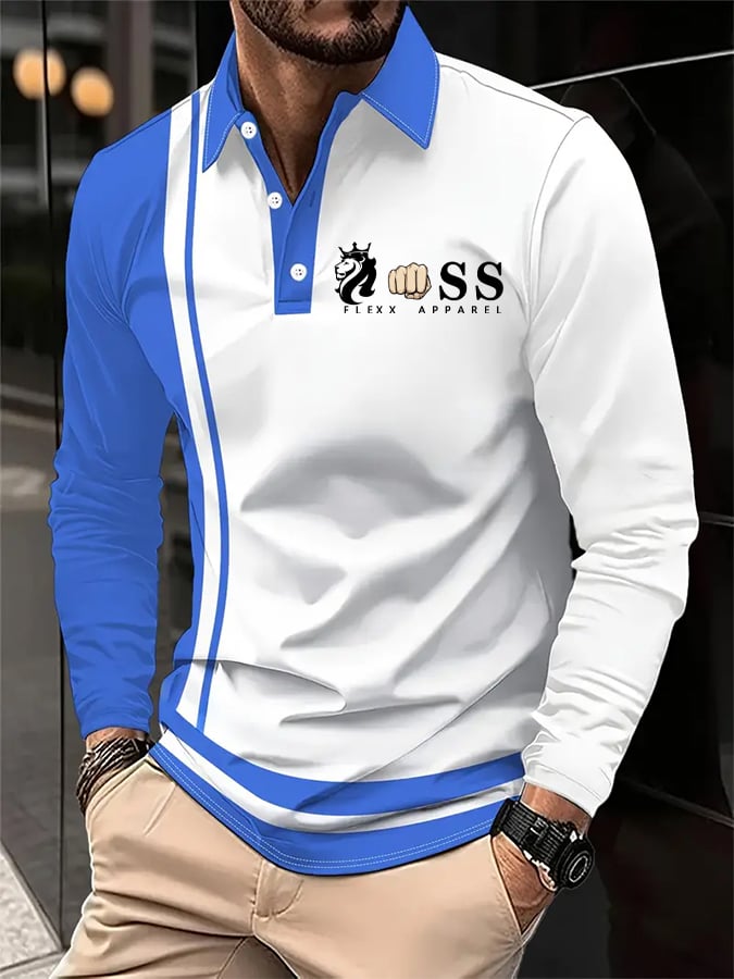 Men's Retro Letter Design Business Long Sleeve Polo Shirt