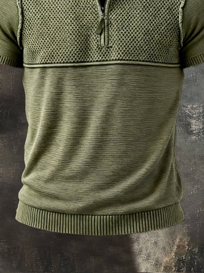 Men's Retro Color Block Knit Half-Zip Collar Short-Sleeve Top