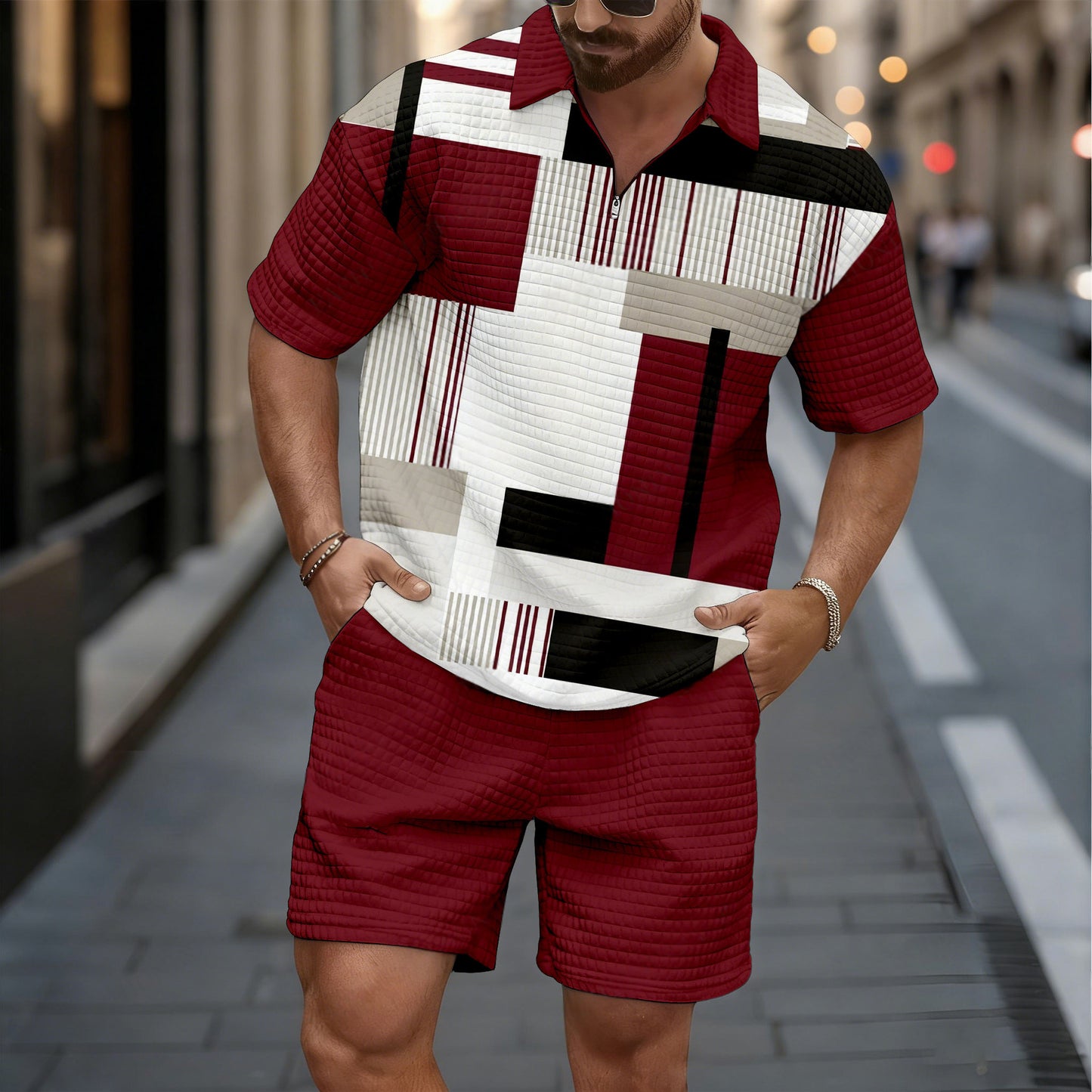 Men's Casual Black & Res Color Matching Geometric Pattern Short-Sleeved Shirt And Shorts Two-Piece Set