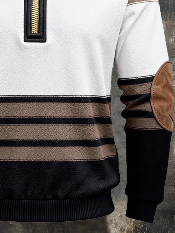 Men's Retro Color Block Print Zipper Sweatshirt