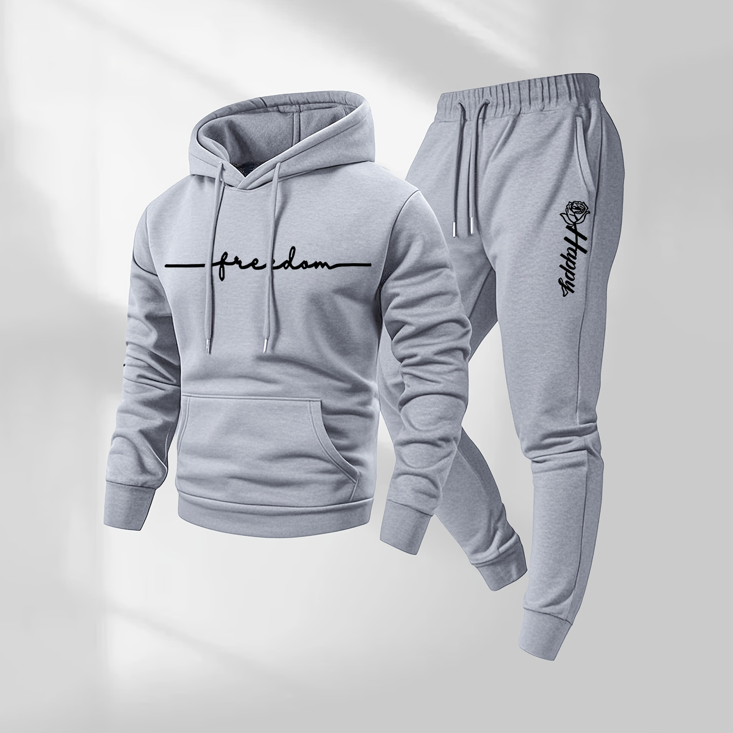 Men's Rose Pattern Print Hoodie and Drawstring Sweatpants Set, Menswear, Casual Athletic Long Sleeve Hooded Jacket & Trousers for Fall & Winter, Men's Clothing for Daily Wear, Sportswear Indoor Outdoor, Tracksuit, Athleisure