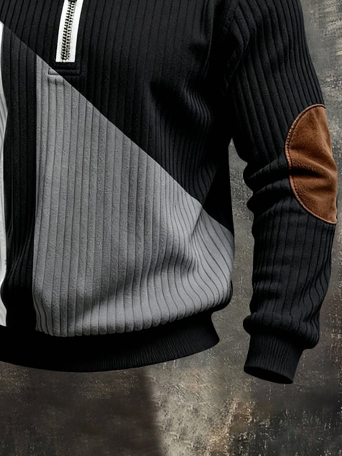 Men's Retro Color Block Print Color-Blocked Zip-Up Sweatshirt