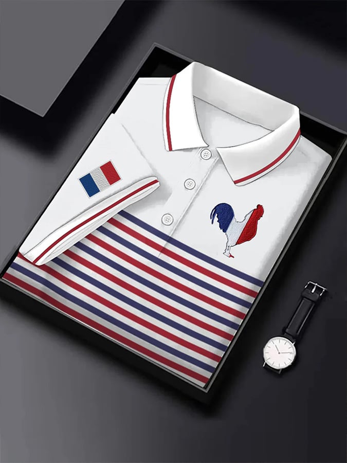Men's Short Sleeve French Stripe Print Button POLO Shirt
