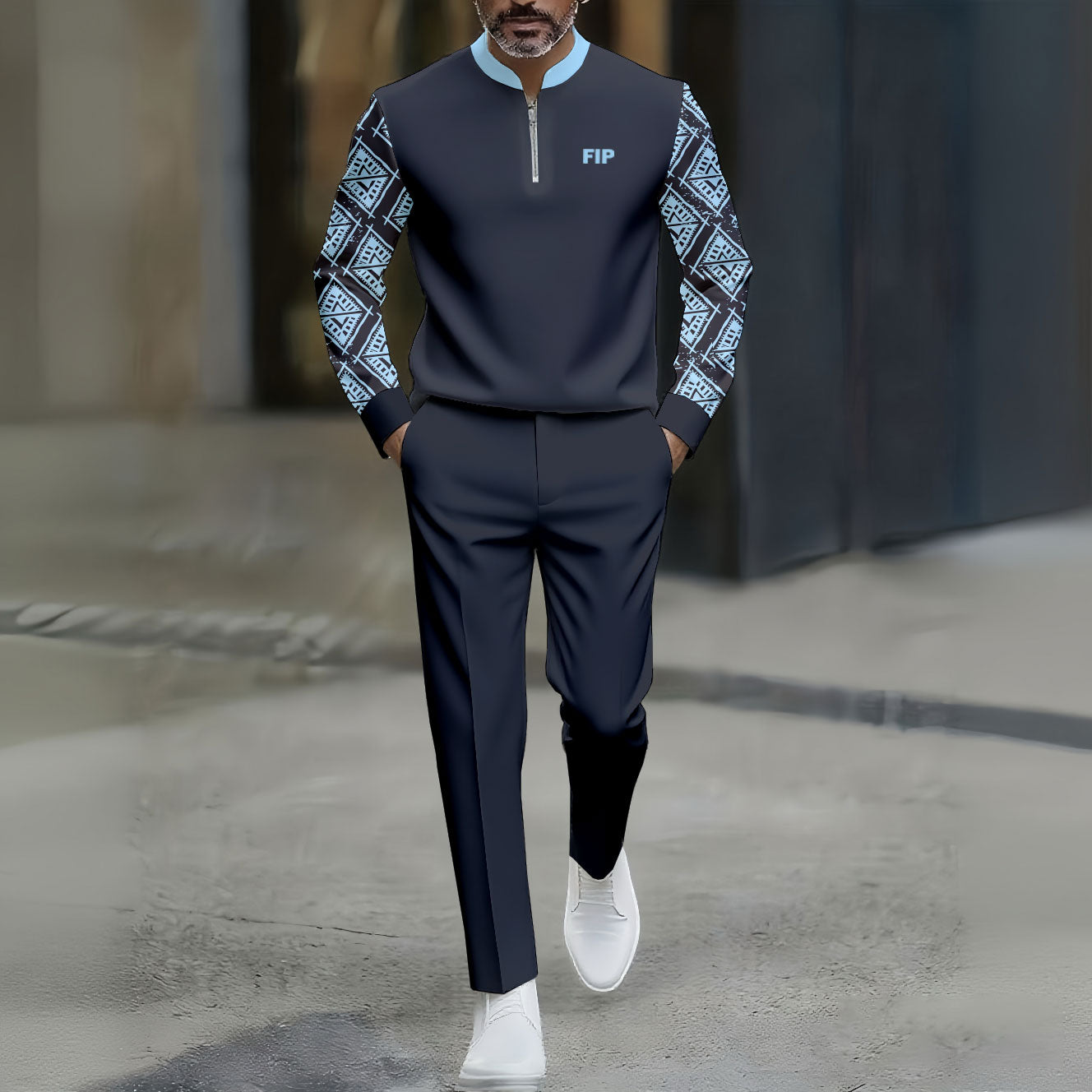 Men's Casual Dark Gray & Blue Color Matching Checked Printed Round-Neck Zipper Long Sleeved Trousers Two-Piece Set