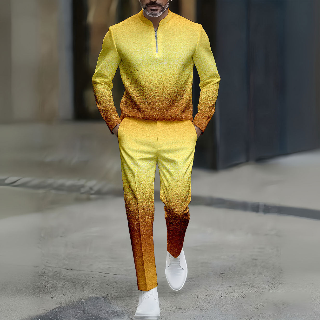 Men's Casual Gold Gradient Color Round-Neck Zipper Long Sleeved Trousers Two-Piece Set