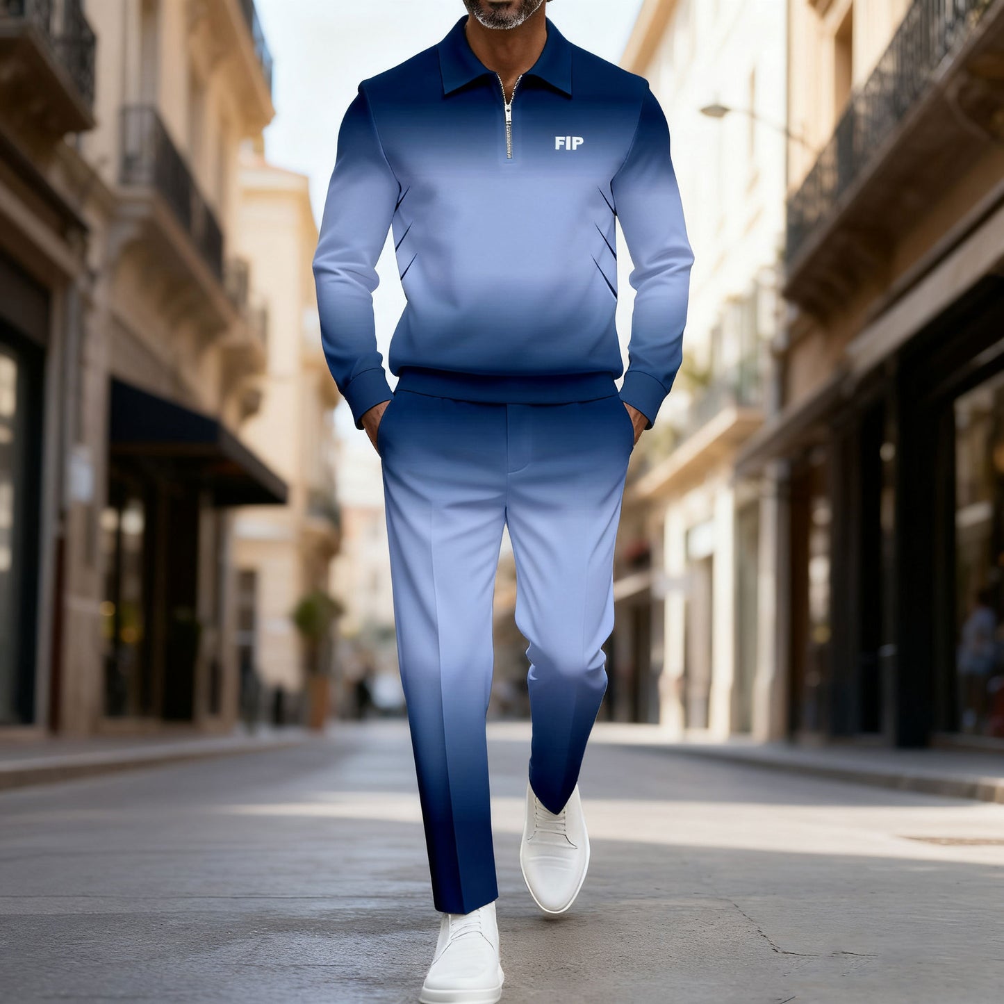 Men's Casual Purple Gradient Color Matching Printed Polo-Collar Zipper Long Sleeved Trousers Two-Piece Set