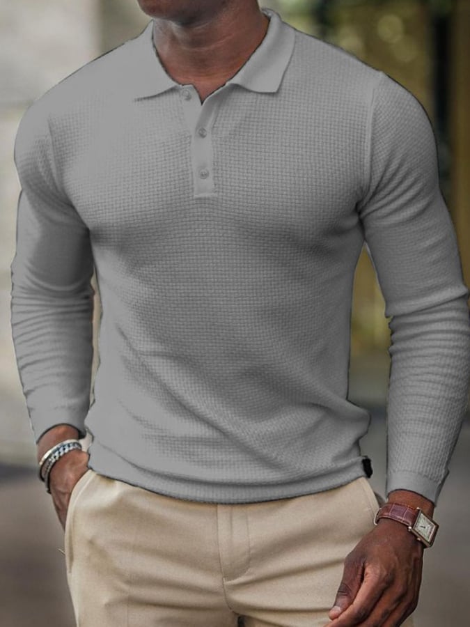 Waffle Casual Long Sleeve Half Button Polo Shirt