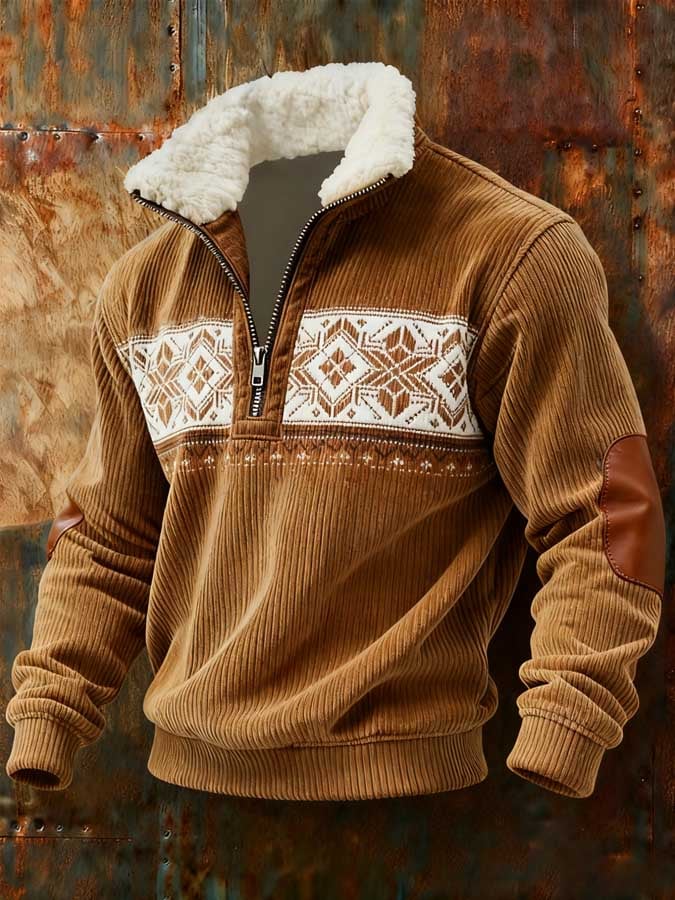 Men's Retro Western Textured Print Zipper Fur Collar Long Sleeve Sweatshirt