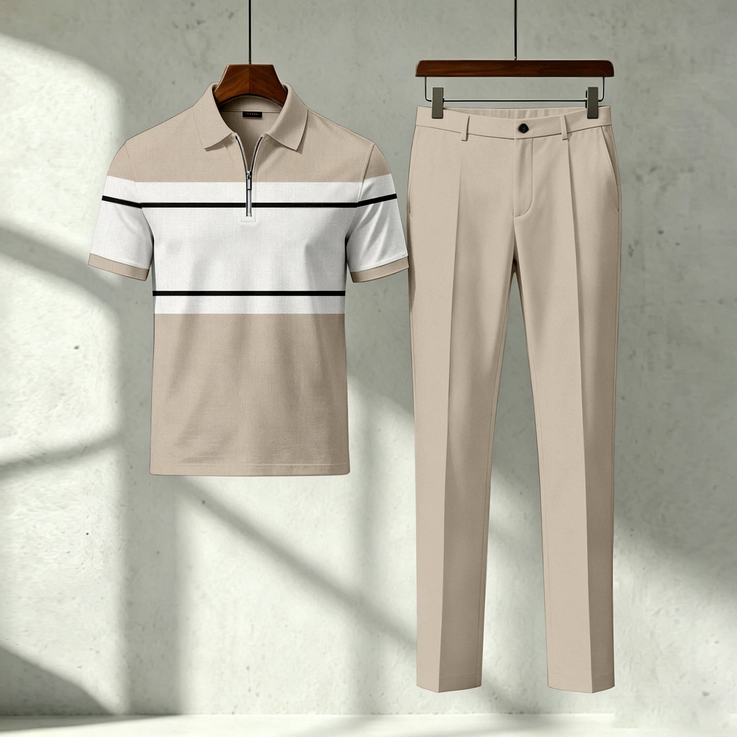 Men's Casual Apricot Geometry Printed Polo Short-Sleeve T-Shirt And Pants Two-Piece Set