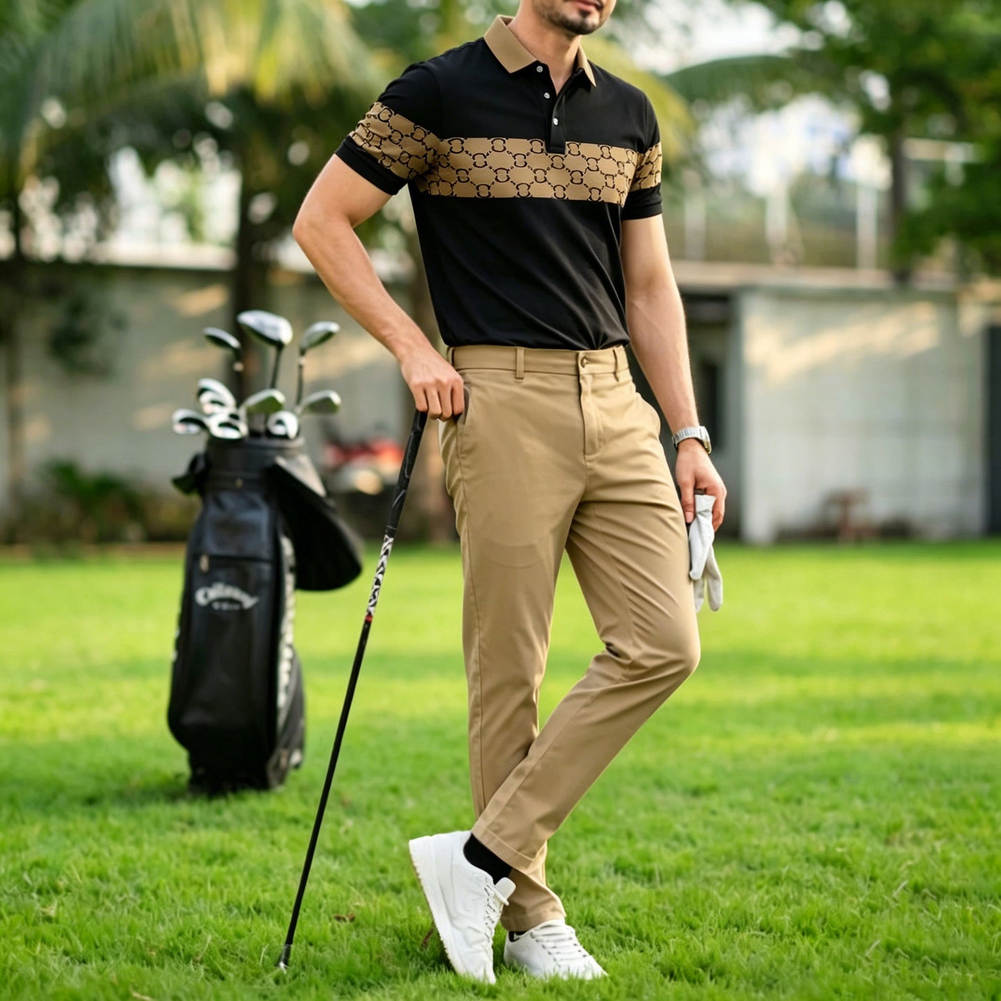 Men's Casual Black Printed Polo Shirt And Pants Two-Piece Set