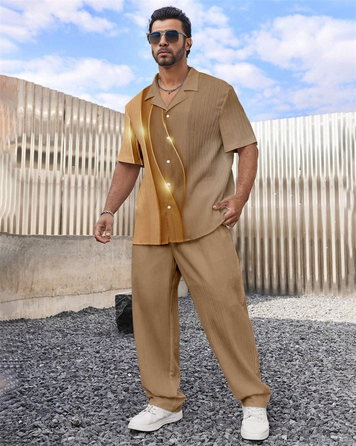 Men's Gradient Casual Textured Short Sleeve Shirt Set 1486