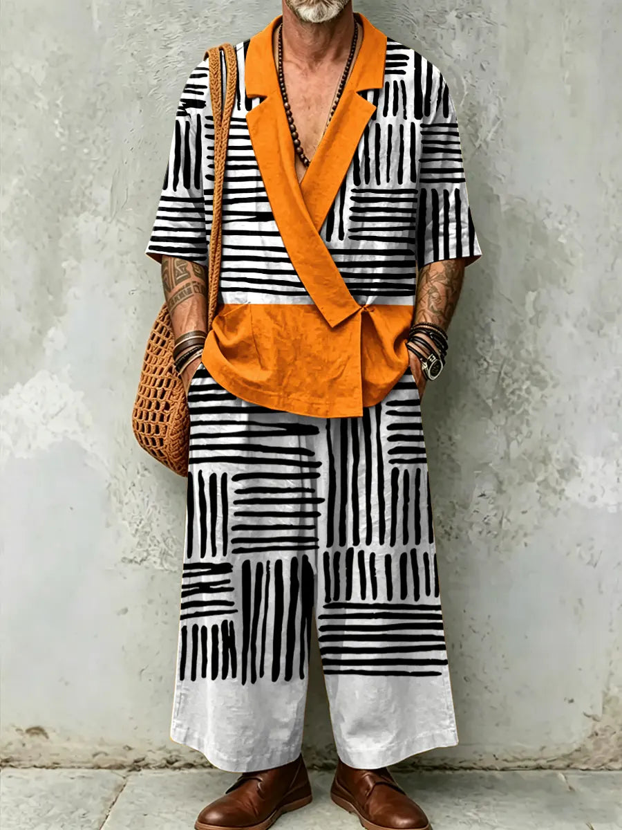 Men's Abstract Art Print Casual Linen Suit Collar Short-sleeved Top And Pants Two-piece