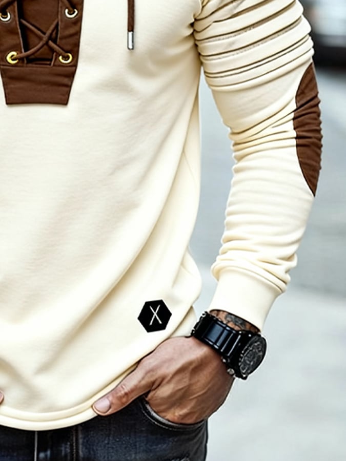 Men's Vintage Outdoor Style Lace-Up Design Warm Hooded Sweatshirt