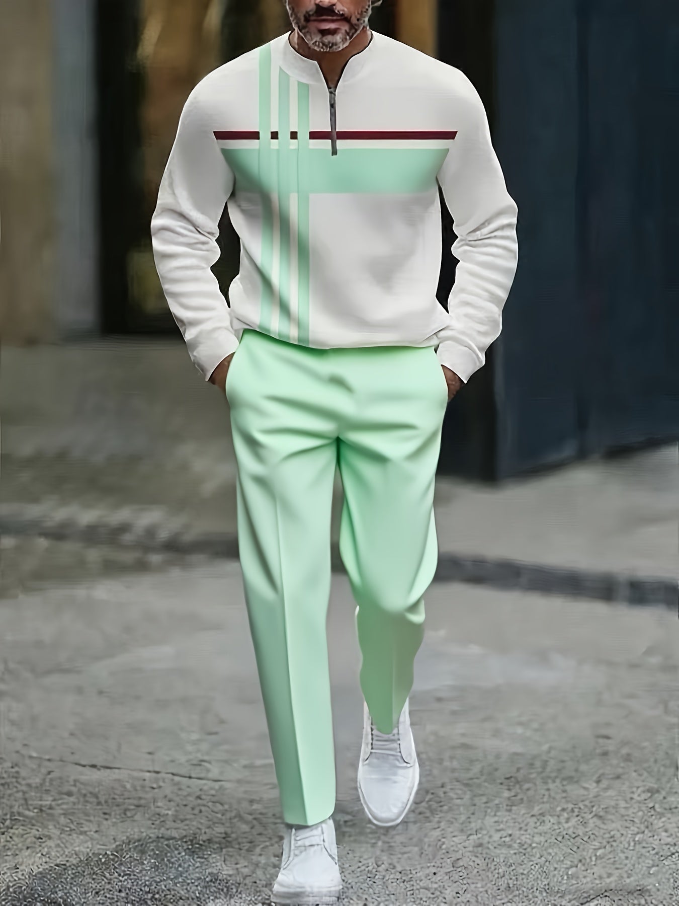 Men's Casual Color Matching Printed Round-Neck Zipper Long Sleeved Trousers Two-Piece Set