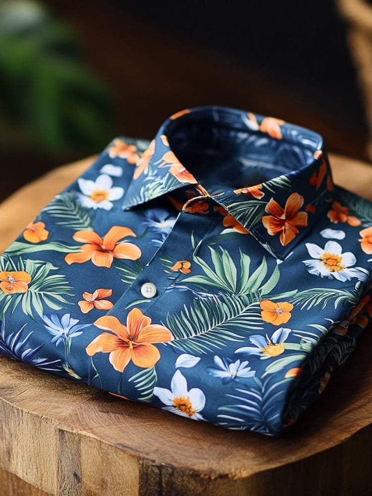 Men's Satin Luxe Hawaiian Print Short Sleeve Button Shirt
