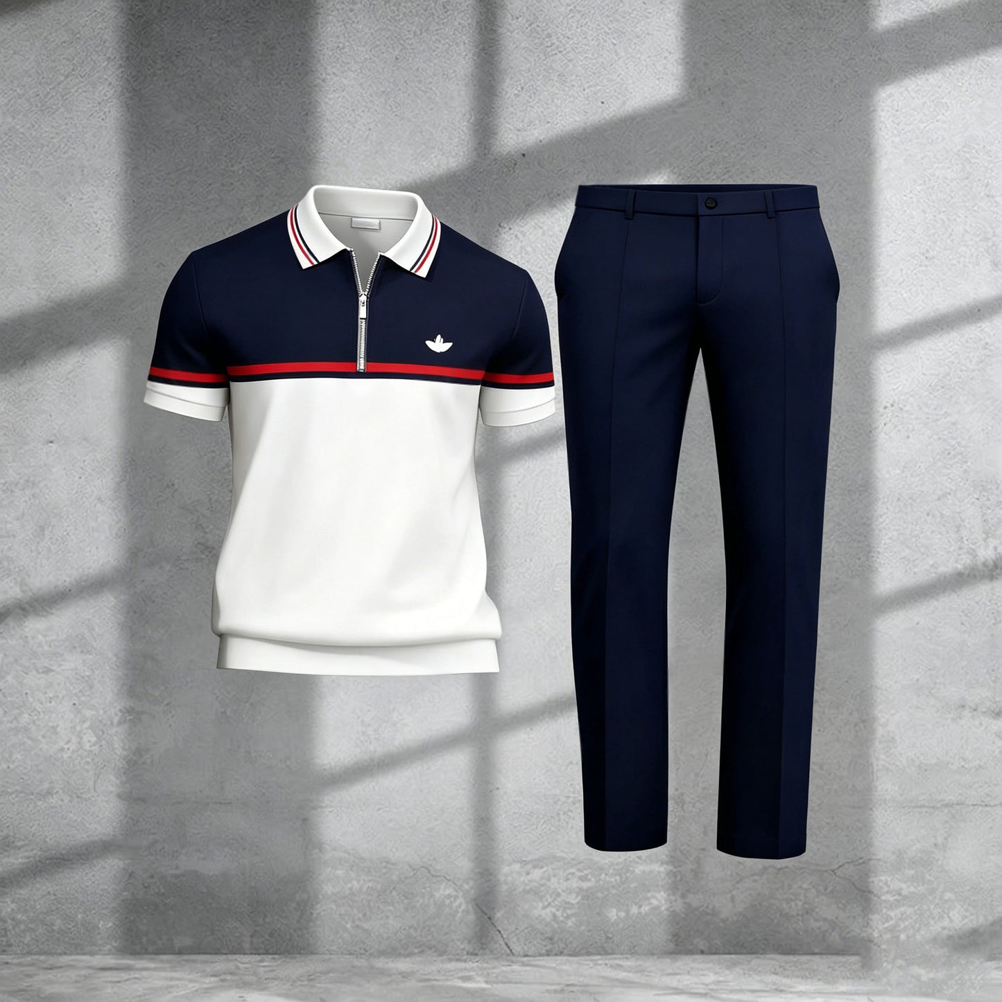 Men's Casual Black & White Printed Polo Short-Sleeve T-Shirt And Pants Two-Piece Set