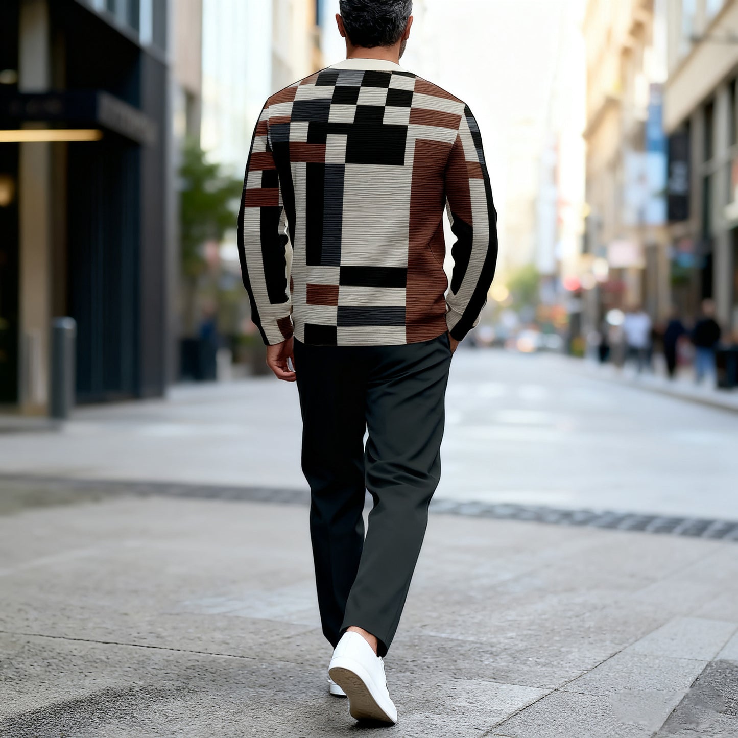 Men's Casual Color Matching Printed Round-Neck Zipper Long Sleeved Trousers Two-Piece Set