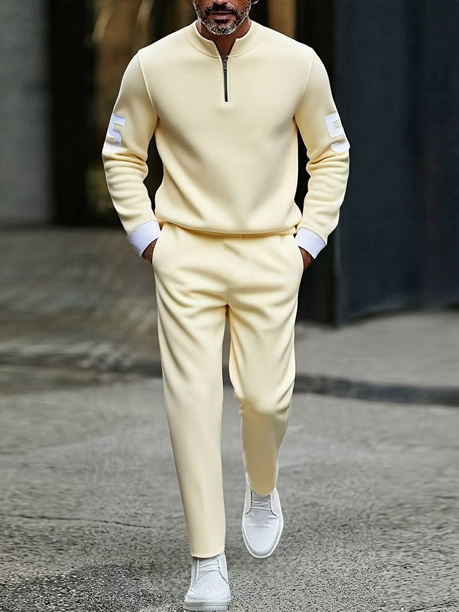 Men's Casual Yellow & White Color Matching "5" Printed Round-Neck Zipper Long Sleeved Sweatshirt & Trousers Two-Piece Set