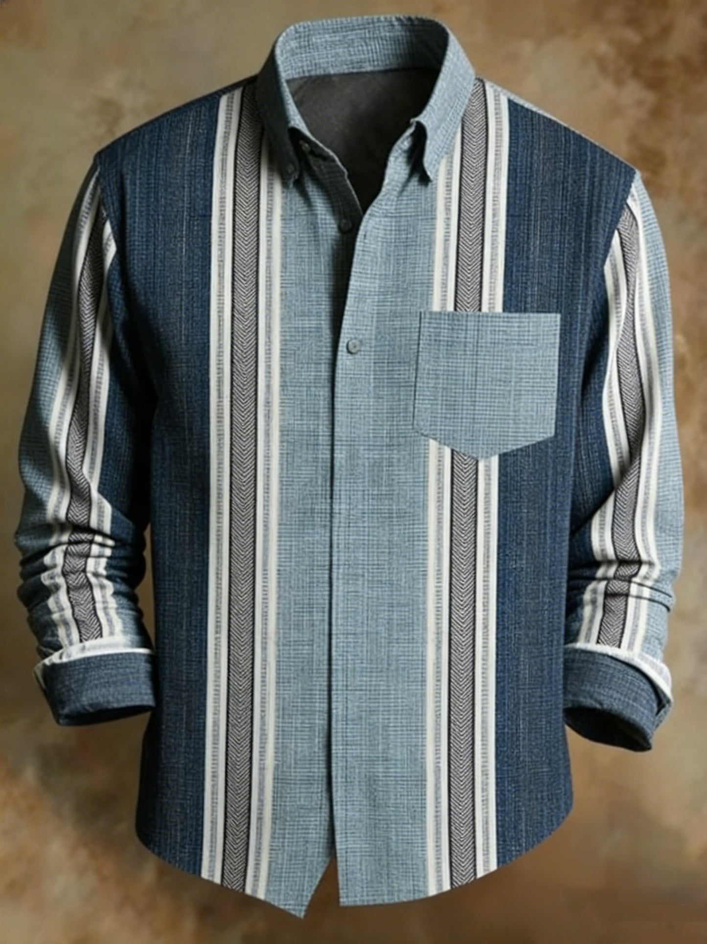 Men's Retro Abstract Art Print Blue Striped Pattern Business Style Shirt