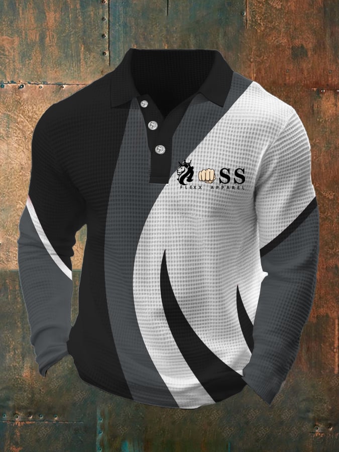 Men's Retro Letter Design Waffle Fabric Long Sleeve Polo Shirt