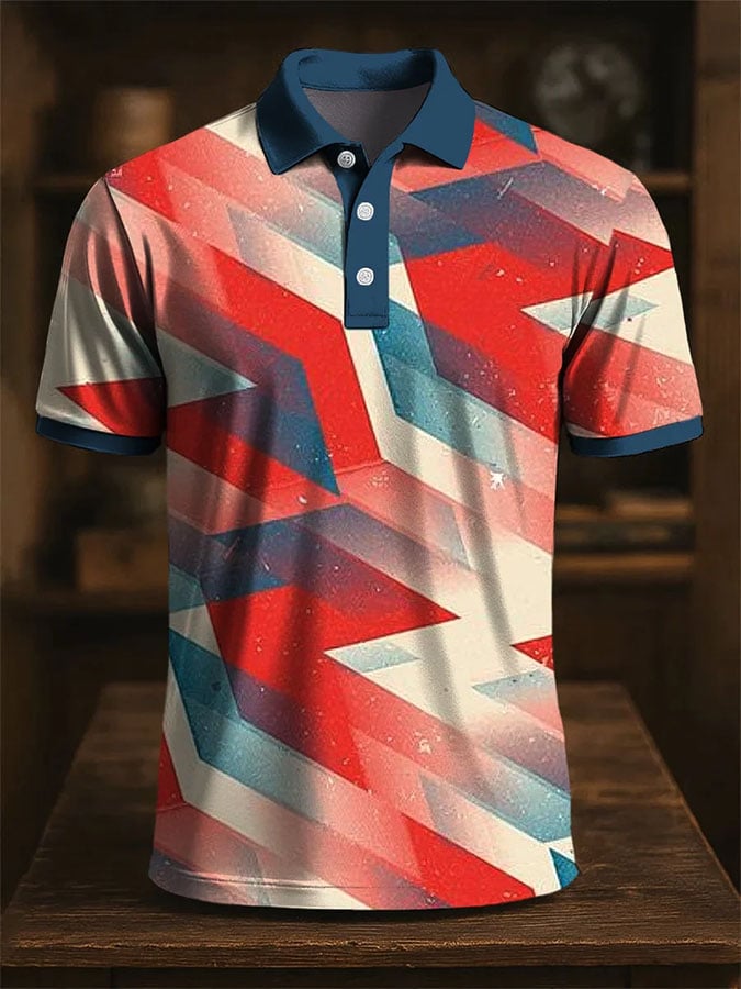 Men'S Casual Color Block Print Polo Shirt Short Sleeve